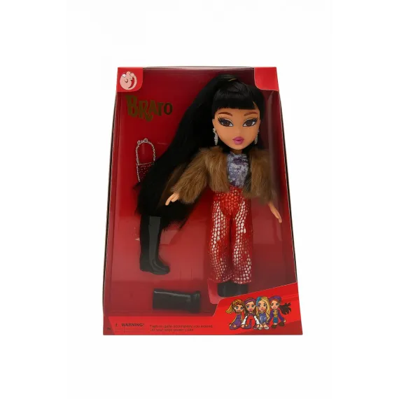 Papusa Brato Fashion cu pantaloni rosii, haina blanita si par lung negru, 29.5x22.5 cm, jucarie fete 3+ ani