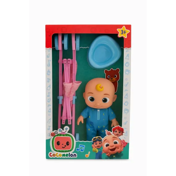 Set Jucarie CoComelon – Papusa JJ in Pijamale Albastre cu Carucior si Olita, 38x23 cm, 3+