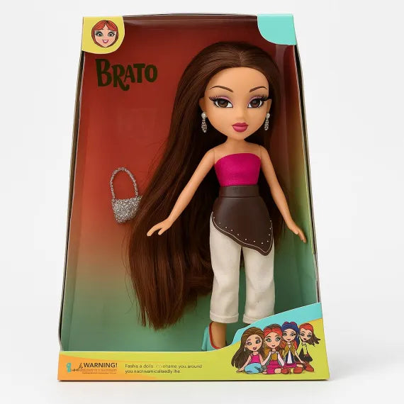 Papusa Brato Fashion cu bustiera roz, pantaloni moderni si par foarte lung, 29.5x22.5 cm, jucarie fete 3+ ani