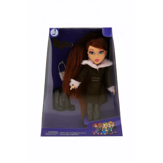 Papusa Brato Fashion cu palton de iarna, par lung saten si accesorii, 29.5x22.5 cm, jucarie fete 3+ ani